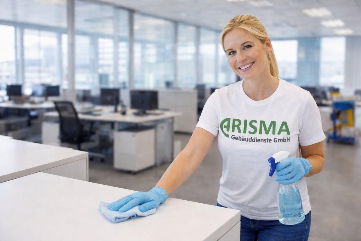 Woman wearing GRISMA shirt cleaning a desk with blue gloves and spray bottle in an office environment